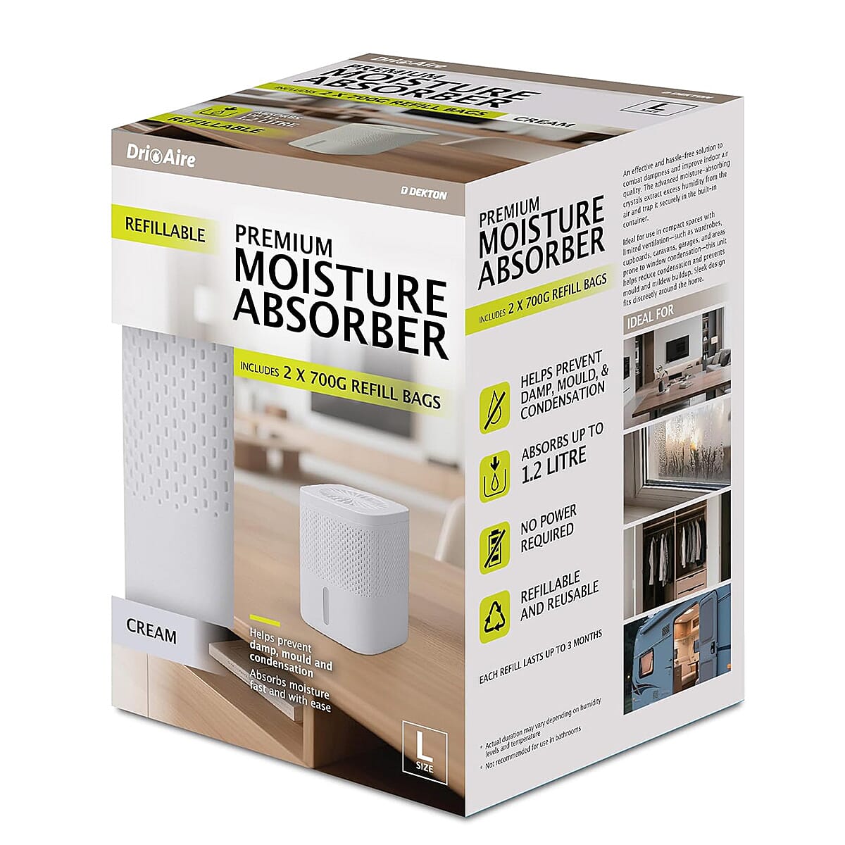 Premium Moisture Absorber White - 1.2L Capacity Dehumidifier with 2 x 700g Refills for Caravans, Cupboards and Bathrooms