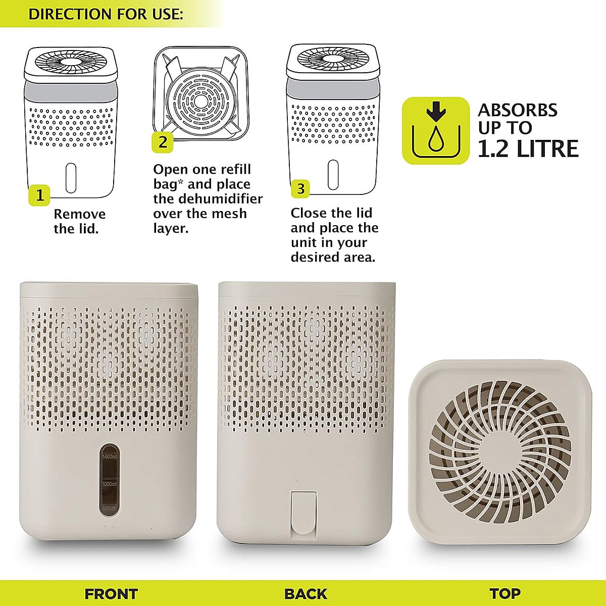Premium Moisture Absorber White - 1.2L Capacity Dehumidifier with 2 x 700g Refills for Caravans, Cupboards and Bathrooms