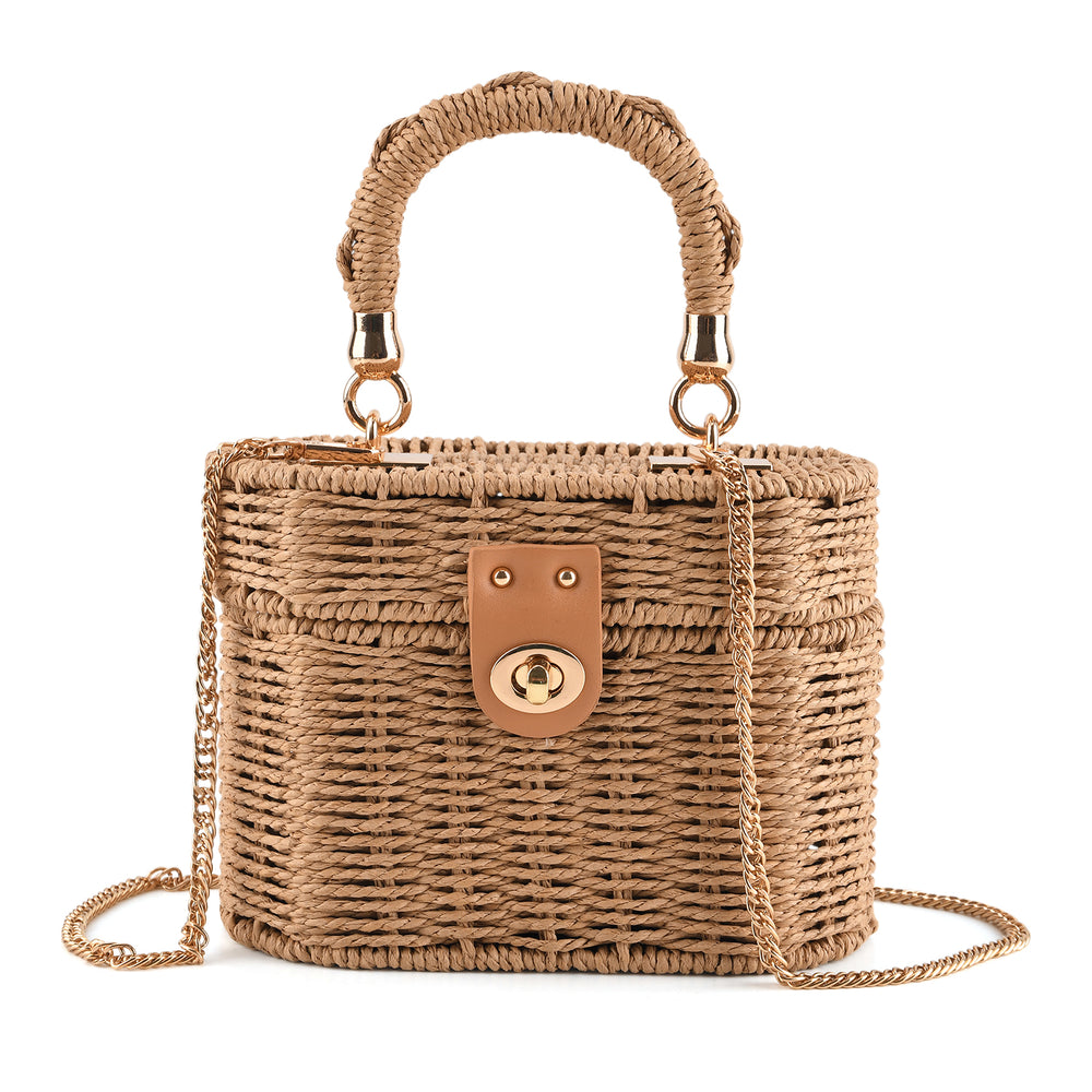Vintage Style Straw Box Bag with Twist-Lock Clasp & Gold Chain Strap - Brown_8501161