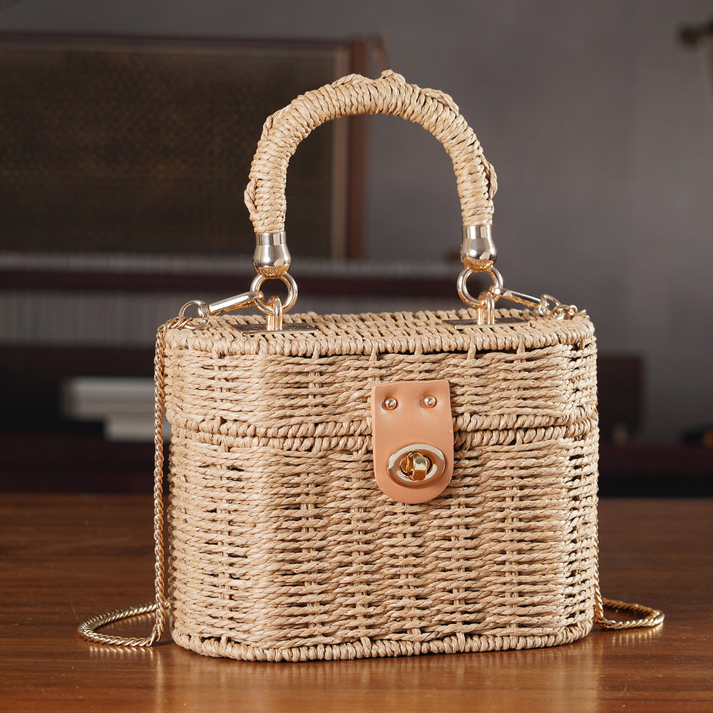 Vintage Style Straw Box Bag with Twist-Lock Clasp & Gold Chain Strap - Brown_8501161_1