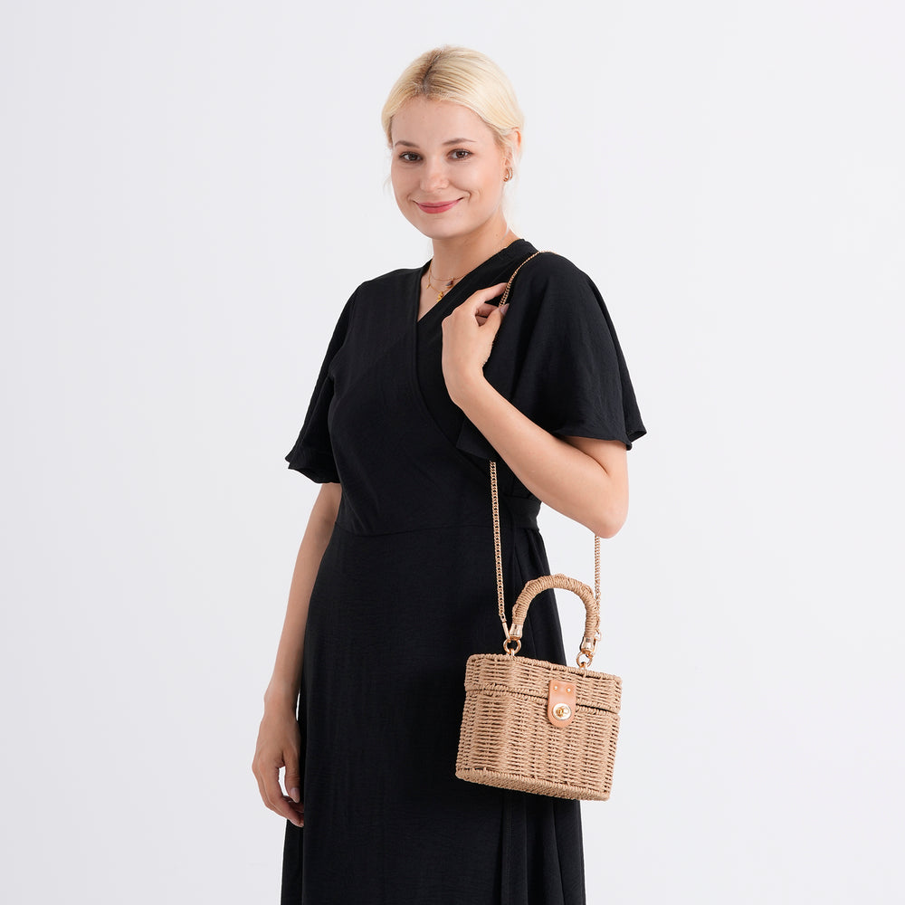 Vintage Style Straw Box Bag with Twist-Lock Clasp & Gold Chain Strap - Brown_8501161_2