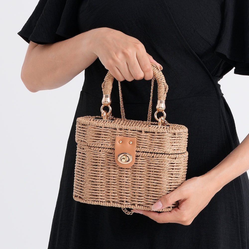 Vintage Style Straw Box Bag with Twist-Lock Clasp & Gold Chain Strap - Brown_8501161_3