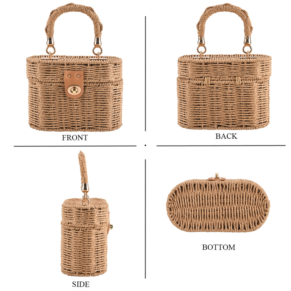 Vintage Style Straw Box Bag with Twist-Lock Clasp & Gold Chain Strap - Brown_8501161_4