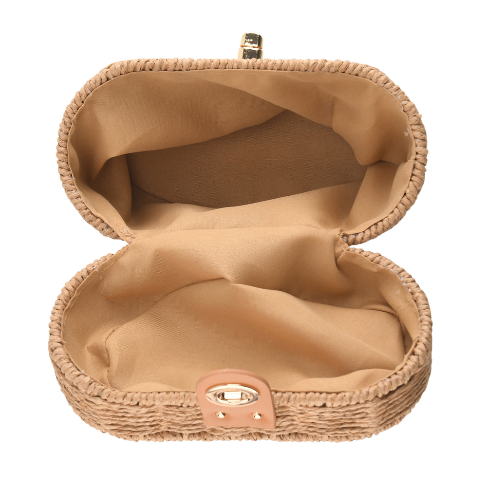 Vintage Style Straw Box Bag with Twist-Lock Clasp & Gold Chain Strap - Brown_8501161_5