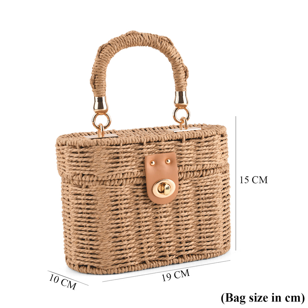 Vintage Style Straw Box Bag with Twist-Lock Clasp & Gold Chain Strap - Brown_8501161_6