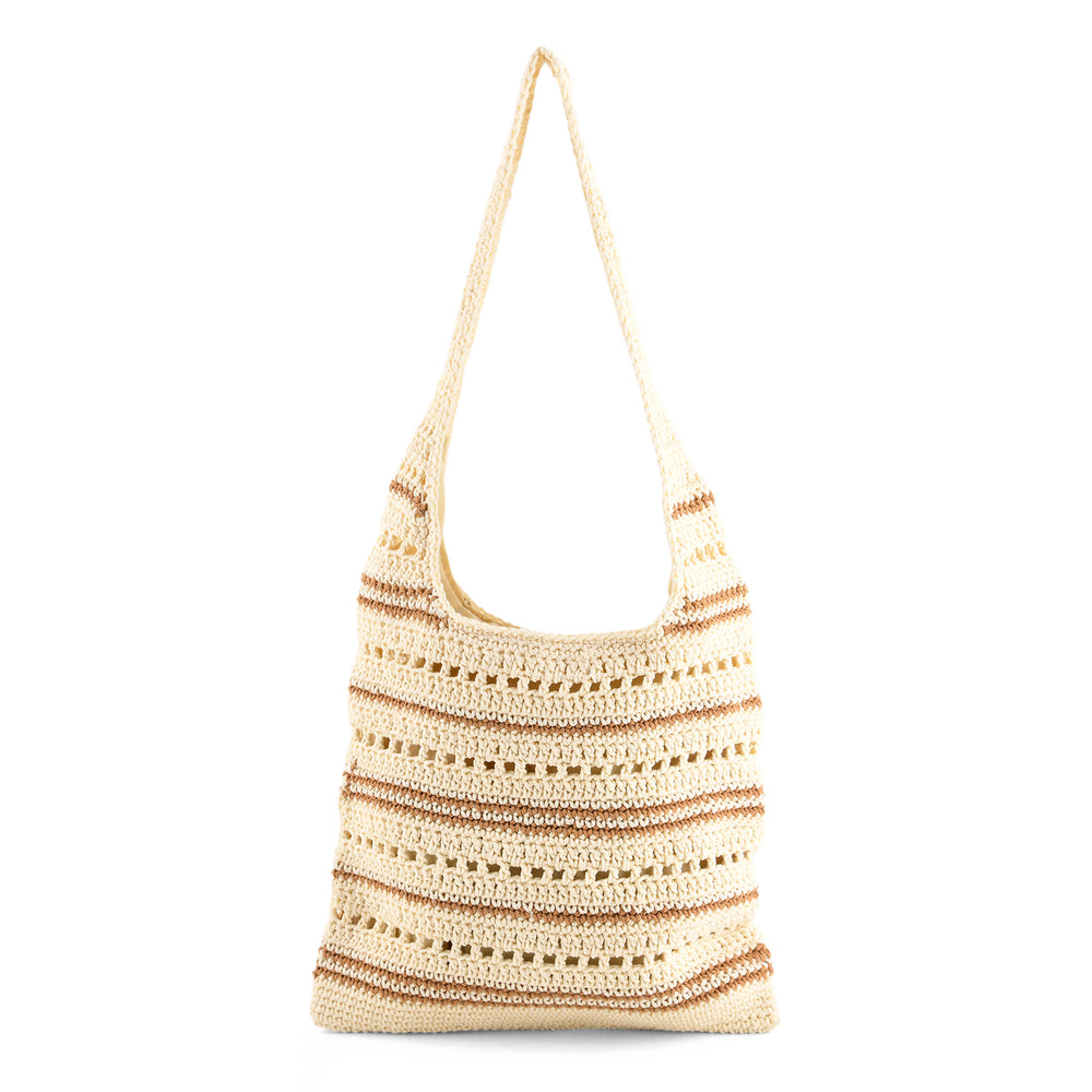 Striped Crochet Design Slouchy Tote Bag - Cream & Brown_8501466