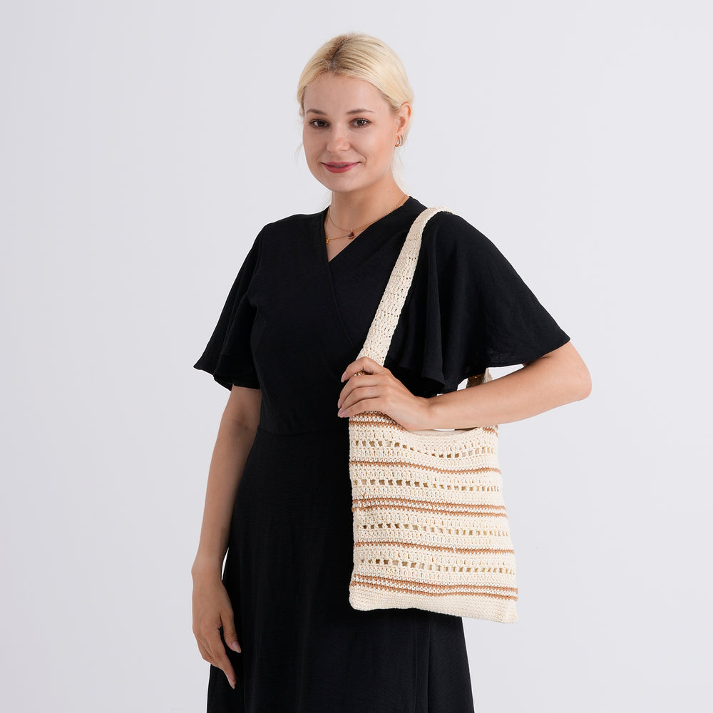 Striped Crochet Design Slouchy Tote Bag - Cream & Brown_8501466_2