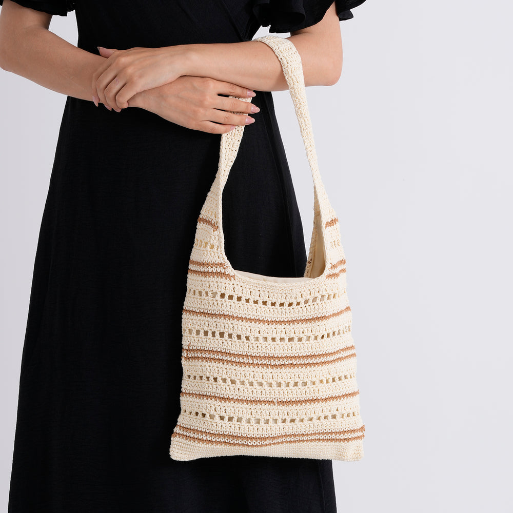 Striped Crochet Design Slouchy Tote Bag - Cream & Brown_8501466_3