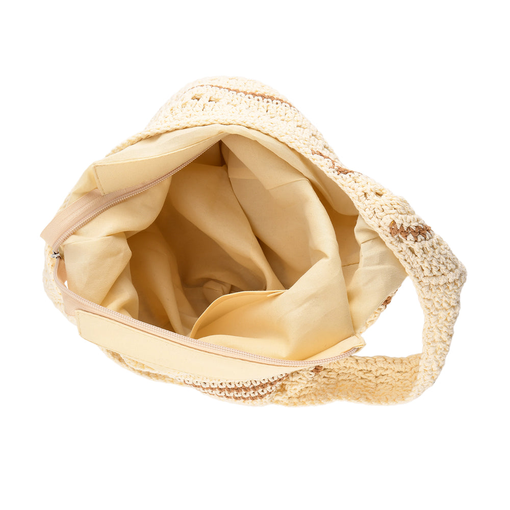 Striped Crochet Design Slouchy Tote Bag - Cream & Brown_8501466_5