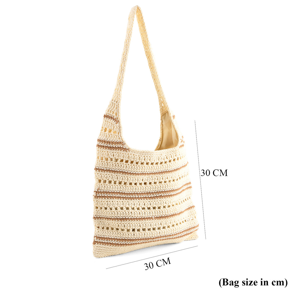 Striped Crochet Design Slouchy Tote Bag - Cream & Brown_8501466_7