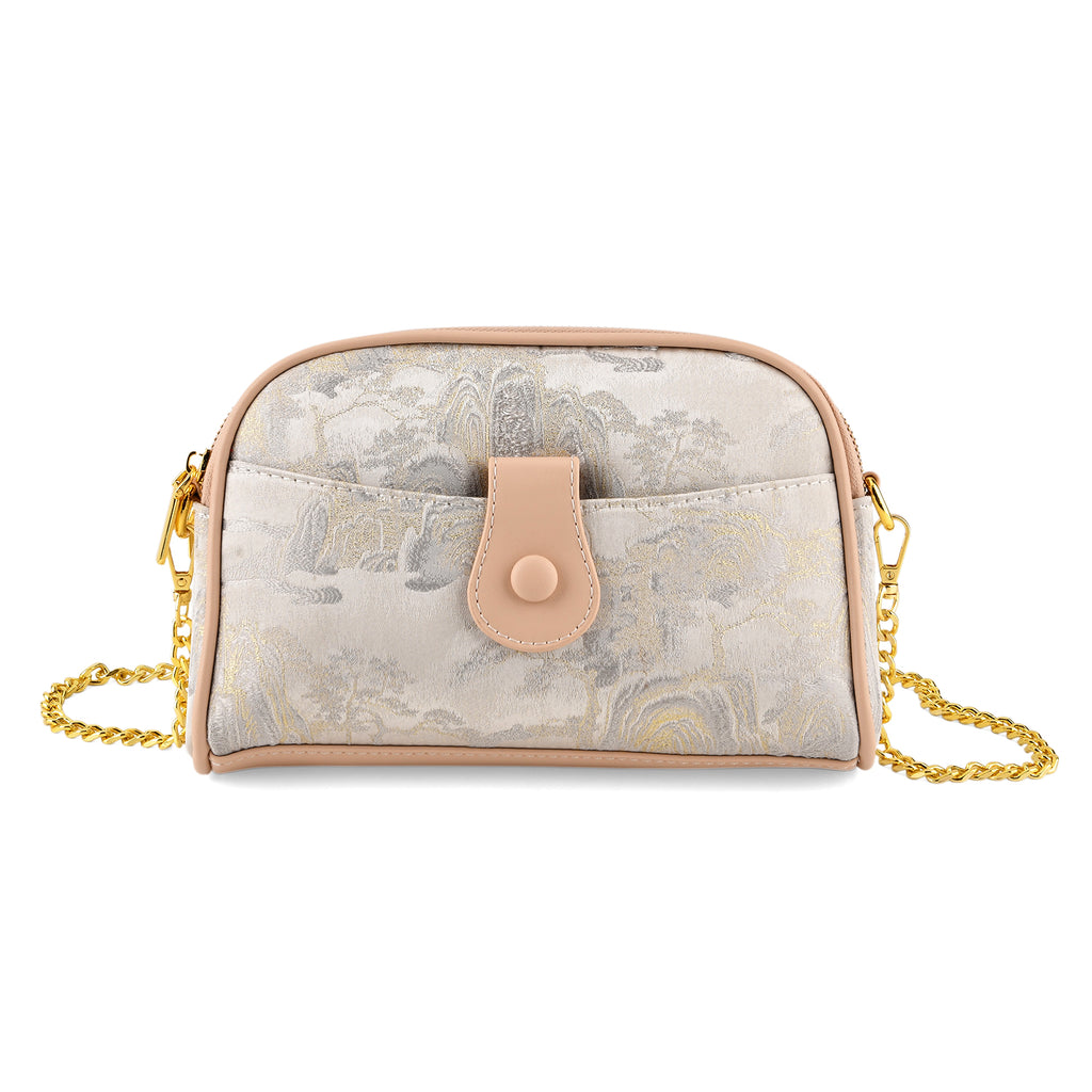 Designer Inspired Embroidered Crossbody Sling Bag with Chain Strap - Silver_8501929