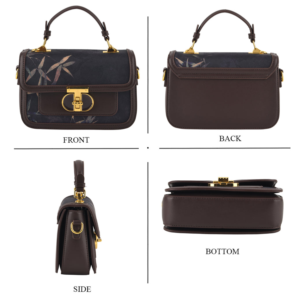 Designer Inspired Embroidered Top-Handle Satchel with Adjustable Crossbody Strap - Black & Brown_8502051_4