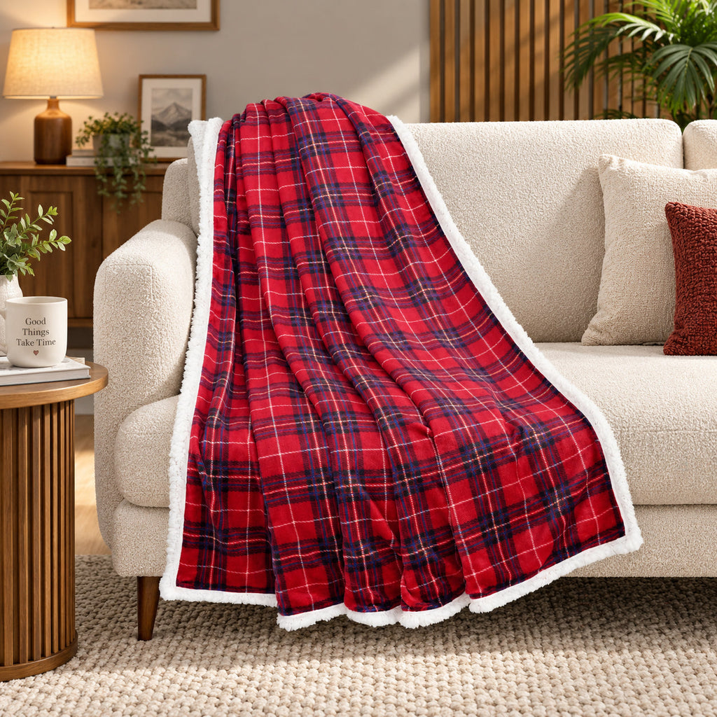 Bliss & Beyond Check Print Flannel & Sherpa Double Layer Heavyweight Blanket