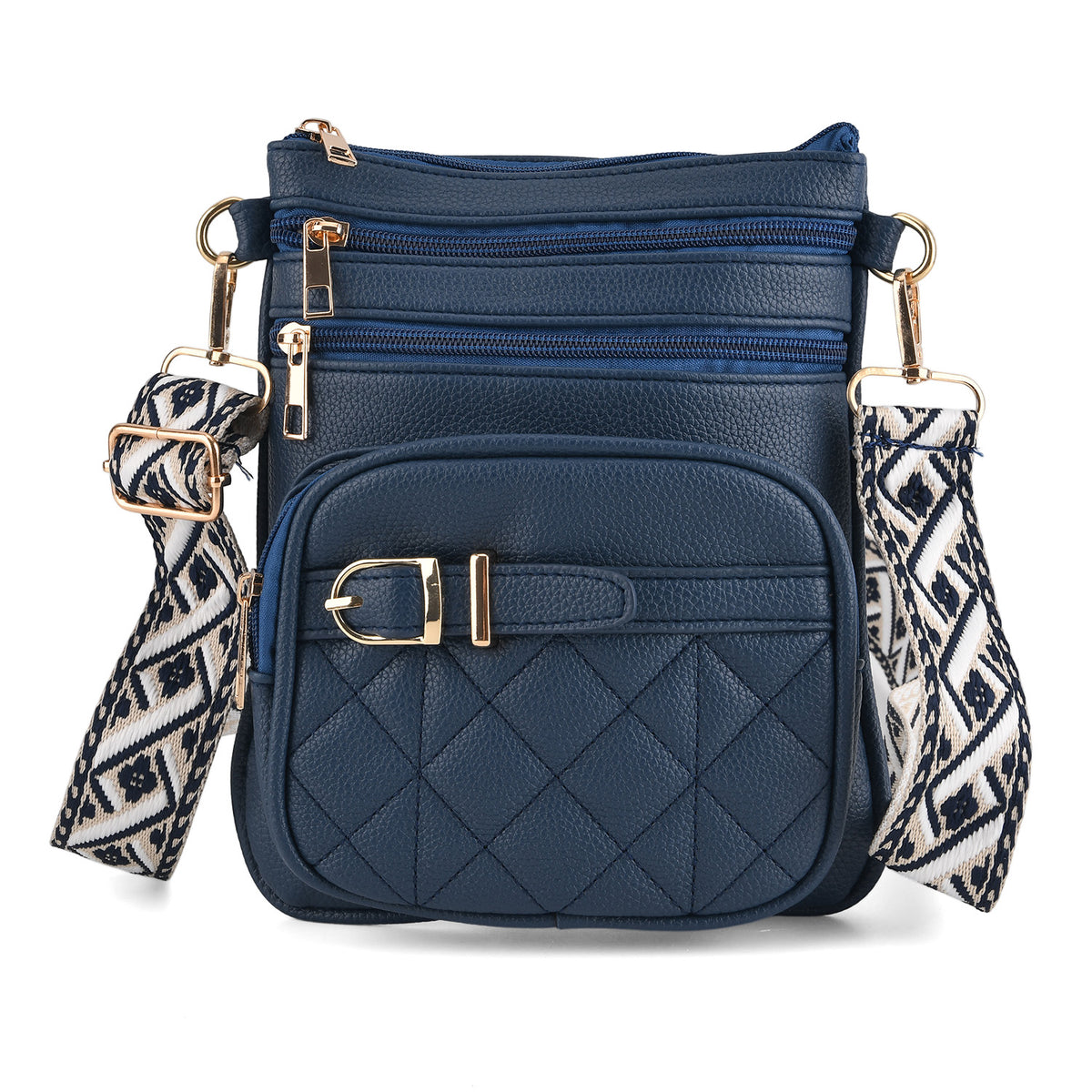 BRAND NEW LAUNCH - Multi-Zip Crossbody Messenger Bag with Quilted Front Pocket, Gold-Tone Hardware - Detachable Patterned Guitar Strap - Navy