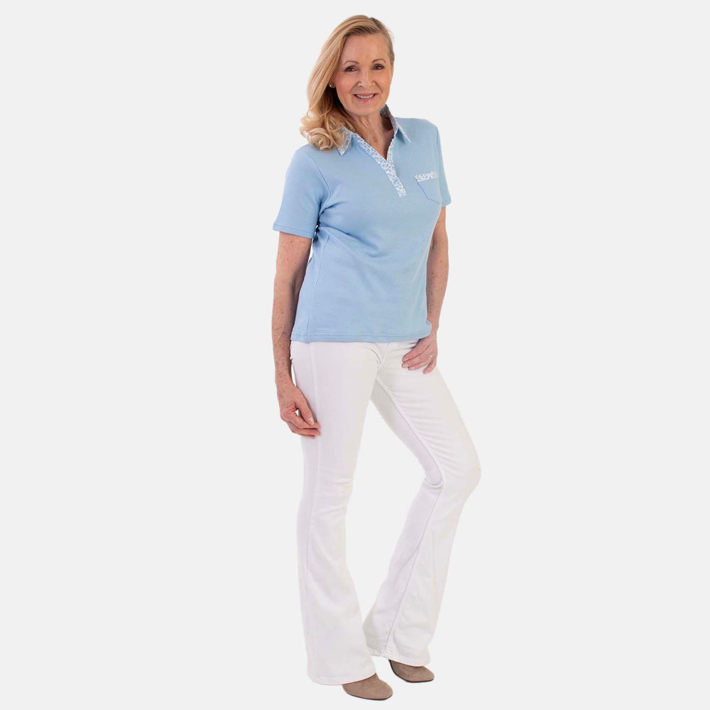 Beaumonde Ladies Short Sleeve Polo With Woven Floral Print Collar (Size M, 12 to 14) - Sky Blue_8502677_1