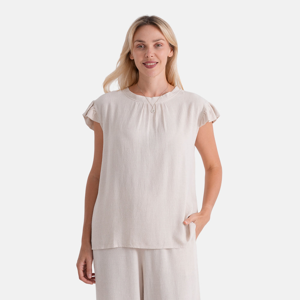 & Maisi Round-Neck Stringy Selvedge Sleeve Top (Size L, 16-18) - Butter Cream_8503307