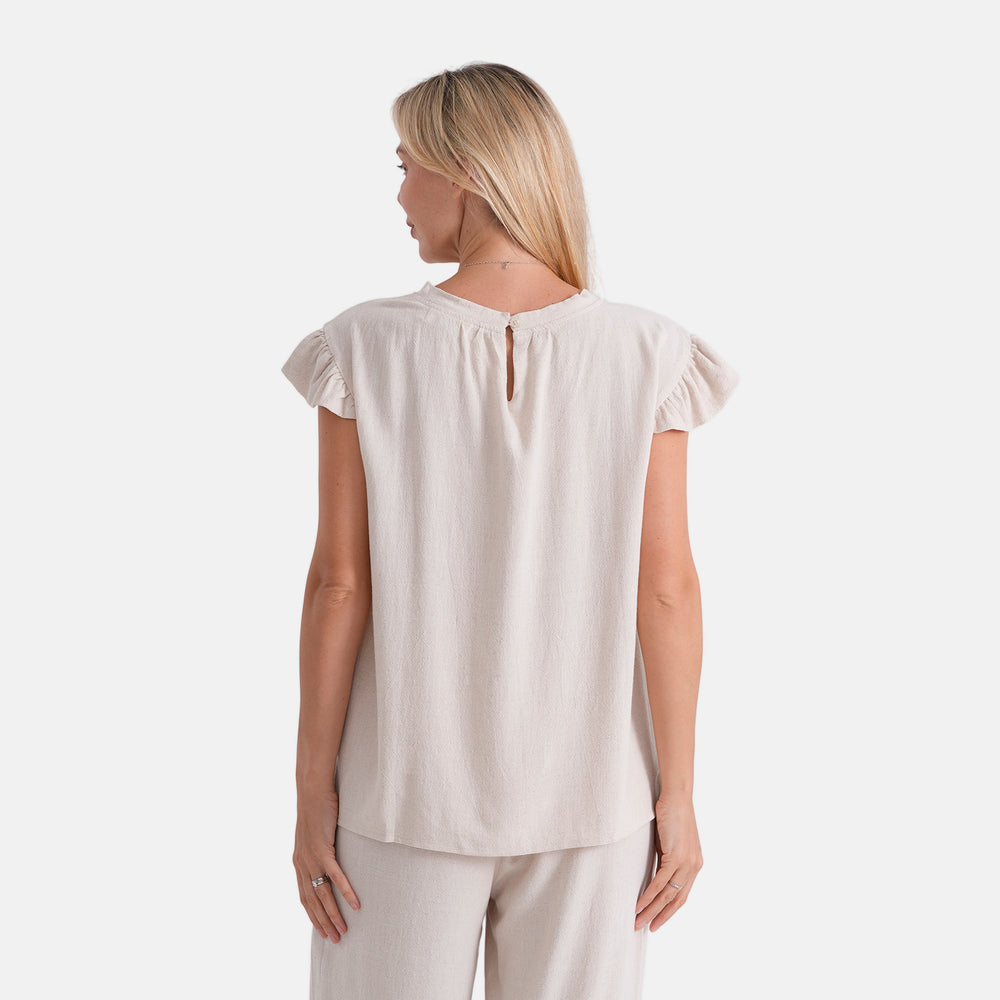 & Maisi Round-Neck Stringy Selvedge Sleeve Top (Size L, 16-18) - Butter Cream_8503307_2
