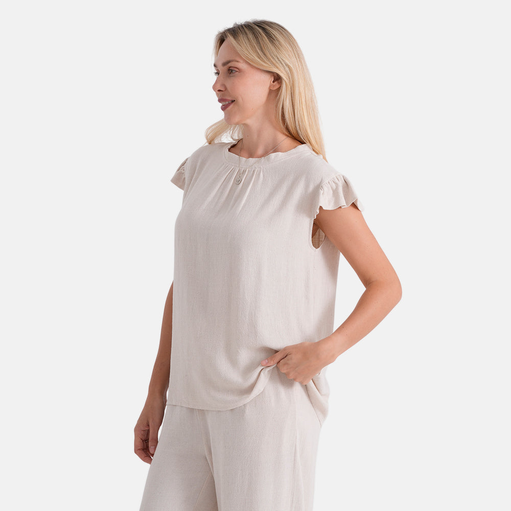 & Maisi Round-Neck Stringy Selvedge Sleeve Top (Size L, 16-18) - Butter Cream_8503307_3