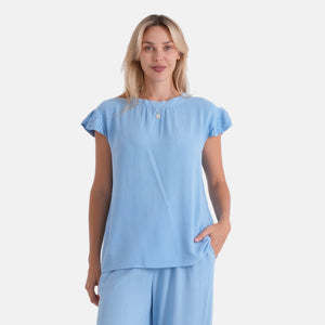 - Maisi Round-Neck Stringy Selvedge Sleeve Top (Size S, 8-10) - Cream