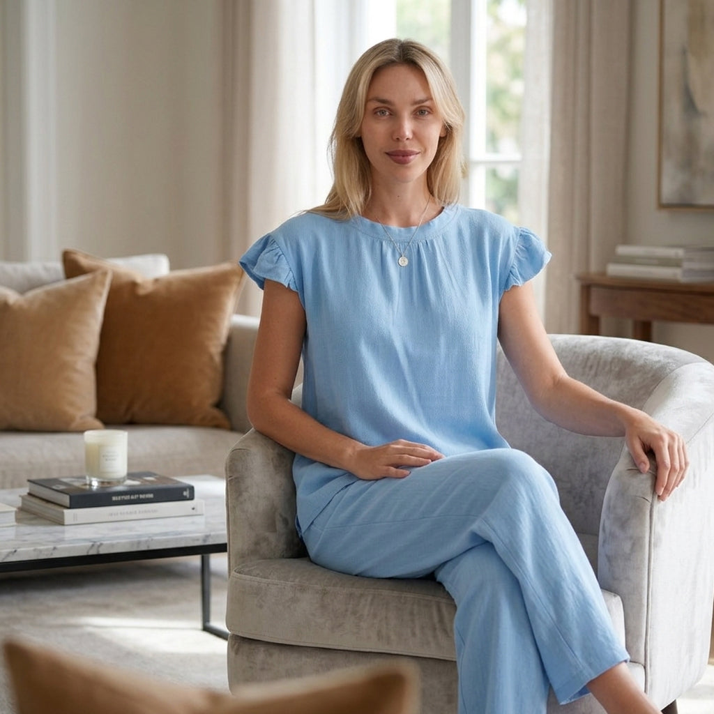 & Maisi Round-Neck Stringy Selvedge Sleeve Top (Size L, 16-18) - Light Blue_8503321_1