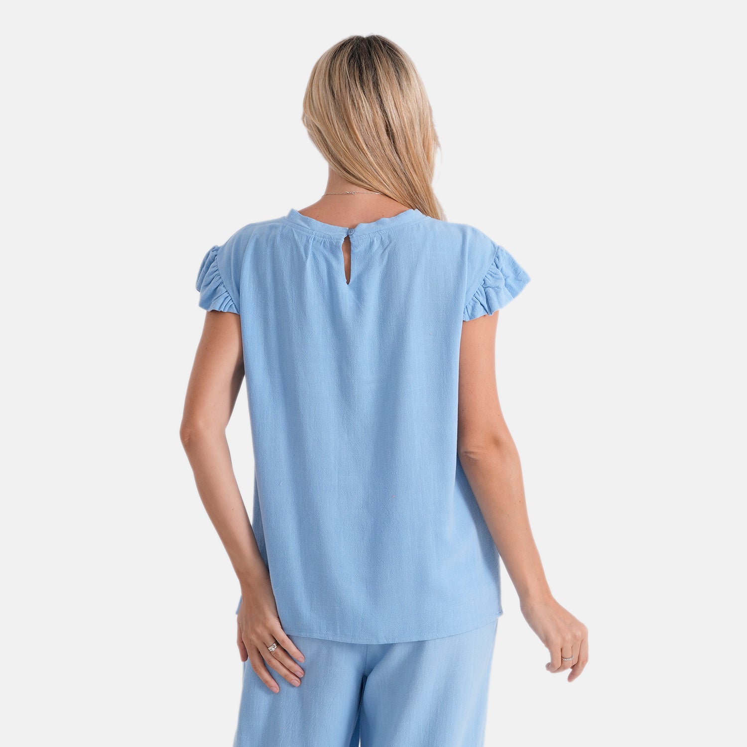 & Maisi Round-Neck Stringy Selvedge Sleeve Top (Size L, 16-18) - Light Blue_8503321_2