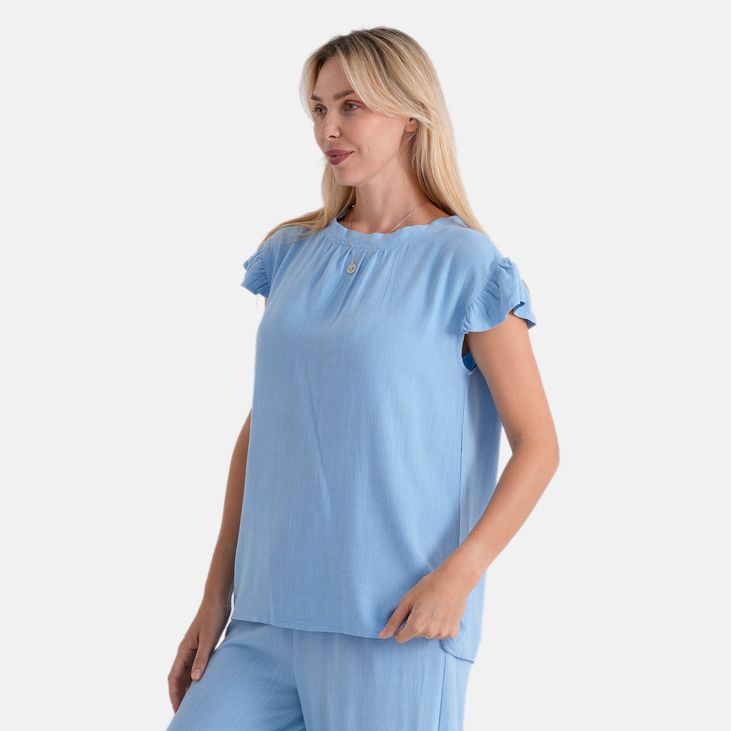 & Maisi Round-Neck Stringy Selvedge Sleeve Top (Size L, 16-18) - Light Blue_8503321_3
