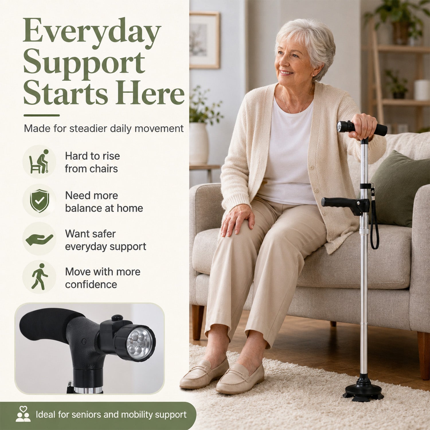 Bliss & Beyond Smart Folding Walking Cane with Built-in Light - Silver Double-Handle Mobility Aid with Swivel Base (77-94.5cm)_8503549