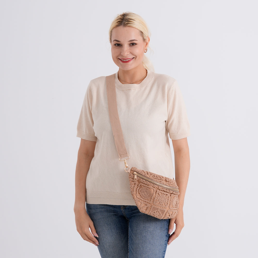 Crochet Crescent Sling Bag with Adjustable Strap - Beige_8504000_2