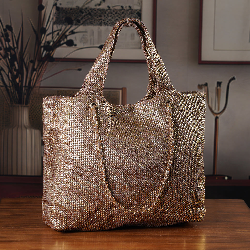 Elegant Shimmering Tote Bag with Chain Strap - Bronze_8504095_1