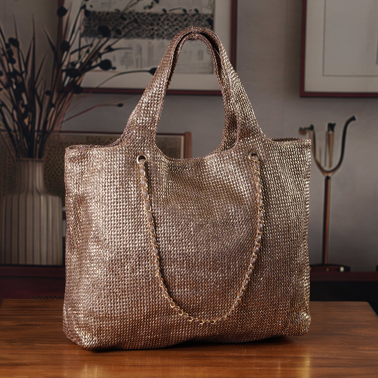 Elegant Shimmering Tote Bag with Chain Strap - Bronze_8504095_1