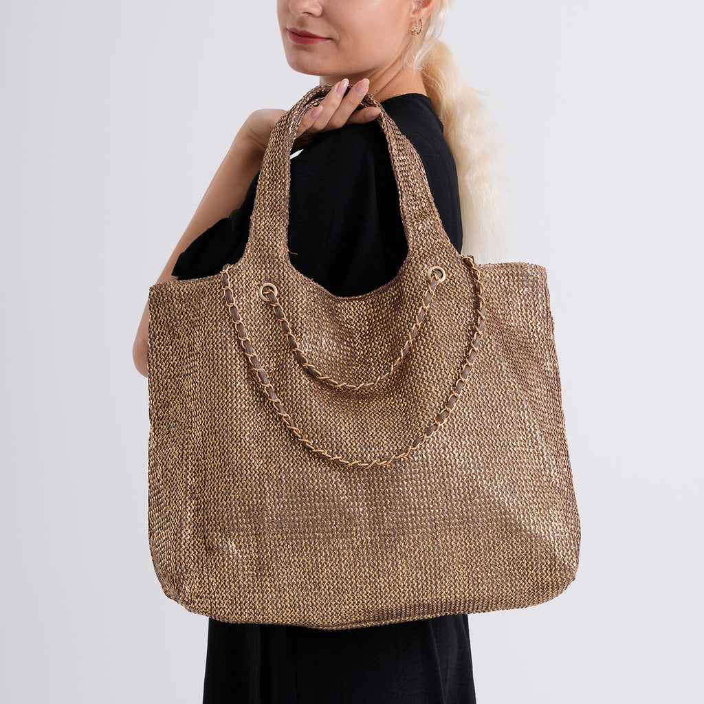 Elegant Shimmering Tote Bag with Chain Strap - Bronze_8504095_3