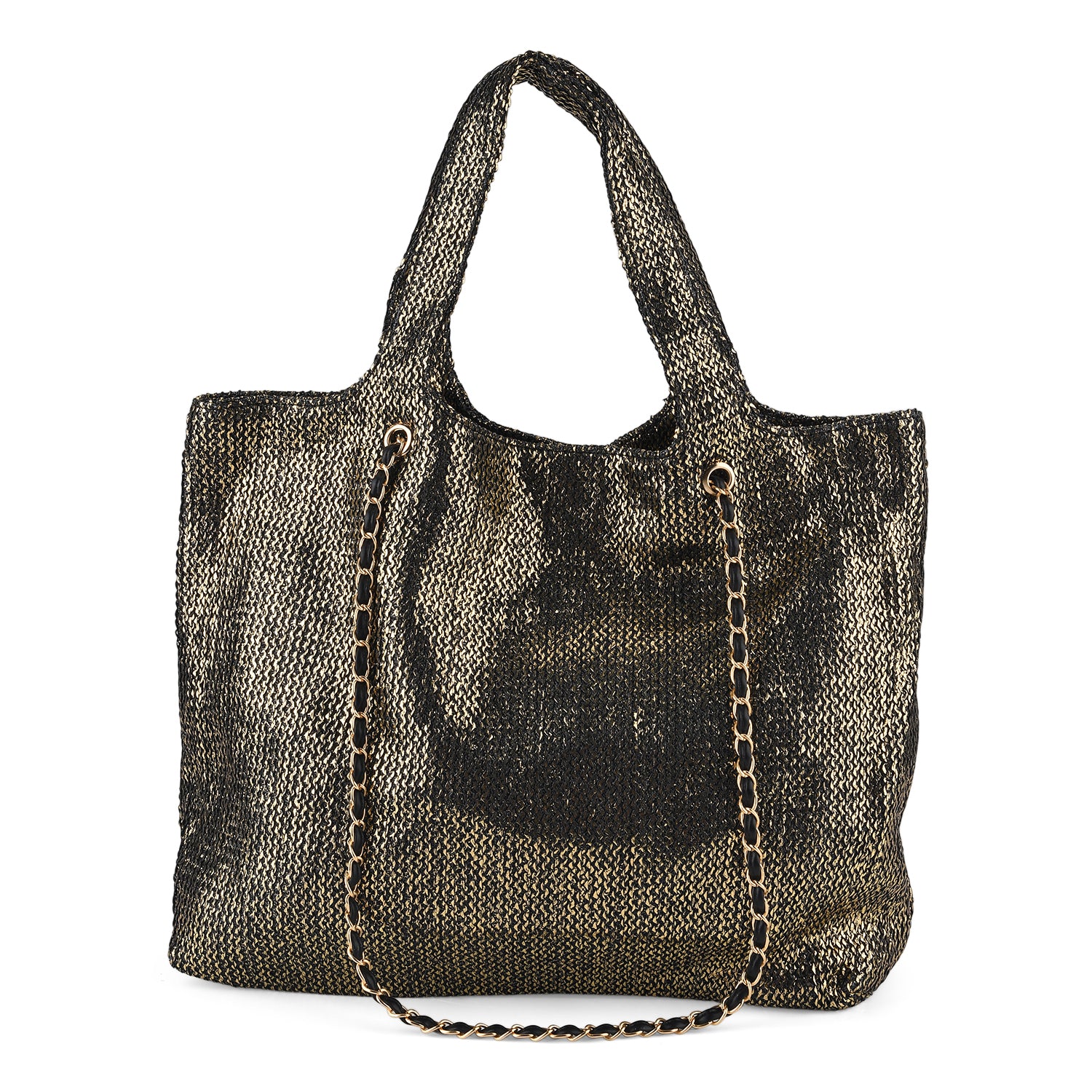 Elegant Shimmering Tote Bag with Chain Strap - Black_8504097