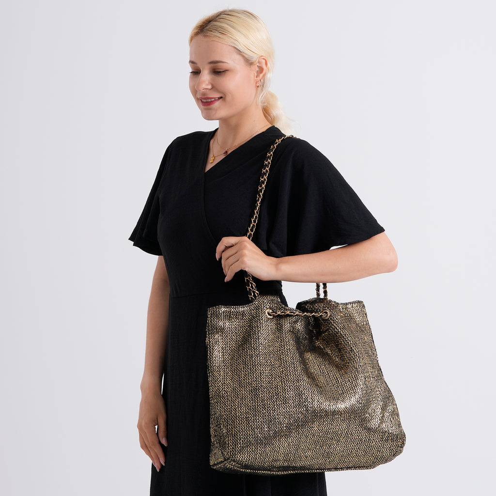 Elegant Shimmering Tote Bag with Chain Strap - Black_8504097_2