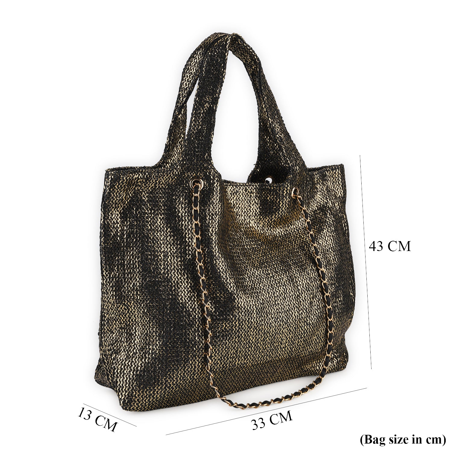 Elegant Shimmering Tote Bag with Chain Strap - Black_8504097_6