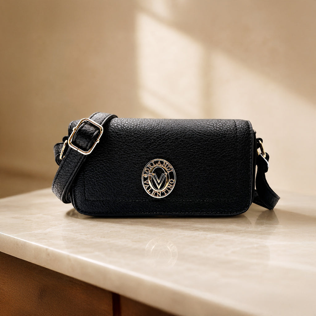 Valentino Orlandi Designer Flap Closure Crossbody Bag with Logo - Black_8507631