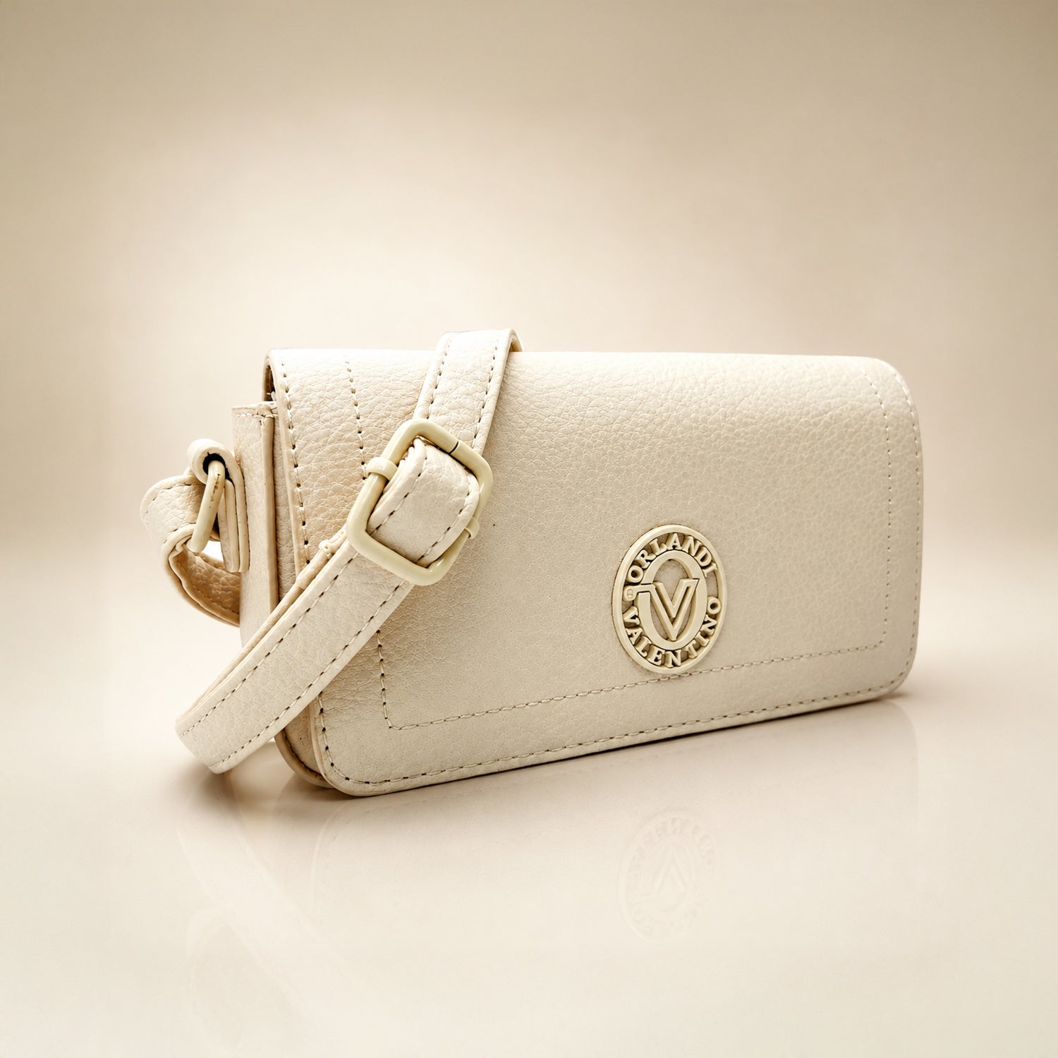 Valentino Orlandi Designer Flap Closure Crossbody Bag with Logo - Off White_8507632_1