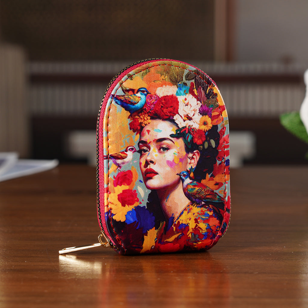 Artistic Lady Portrait with Flowers & Birds Print RFID Card Wallet - Multi Colour_8508224_1