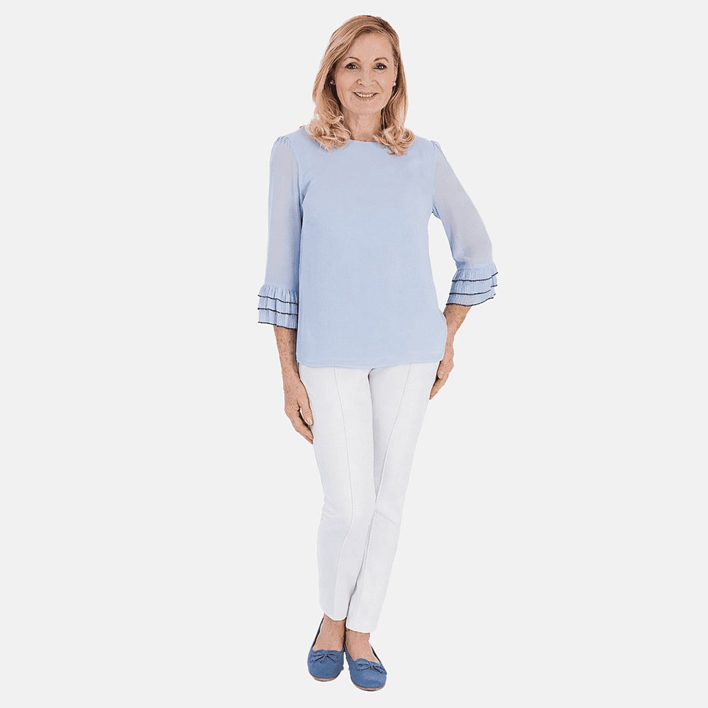 Marina Kaneva Elegant Flared Sleeve Hem Blouse (Size - 8) - Light Blue_8509631
