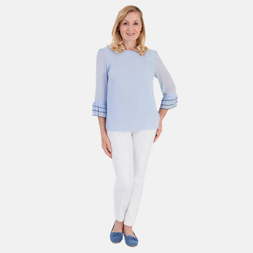 Marina Kaneva Elegant Flared Sleeve Hem Blouse (Size - 12) - Light Blue_8509632