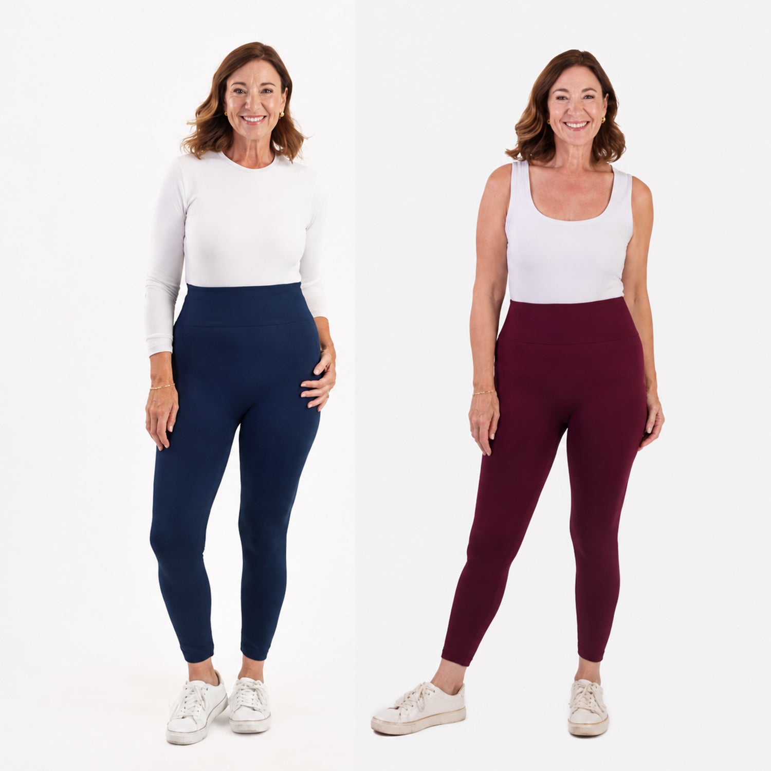 Emelia Pack of 2 Womens High Waisted Fleece Lined Thermal Leggings (Size L) - Navy & Burgundy_8512266