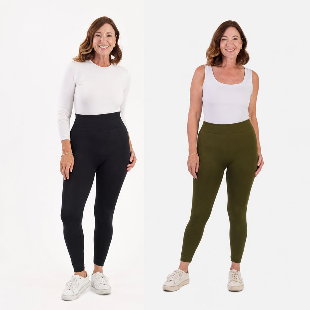 Emelia Pack of 2 Womens High Waisted Fleece Lined Thermal Leggings (Size M) - Khaki & Black_8512271