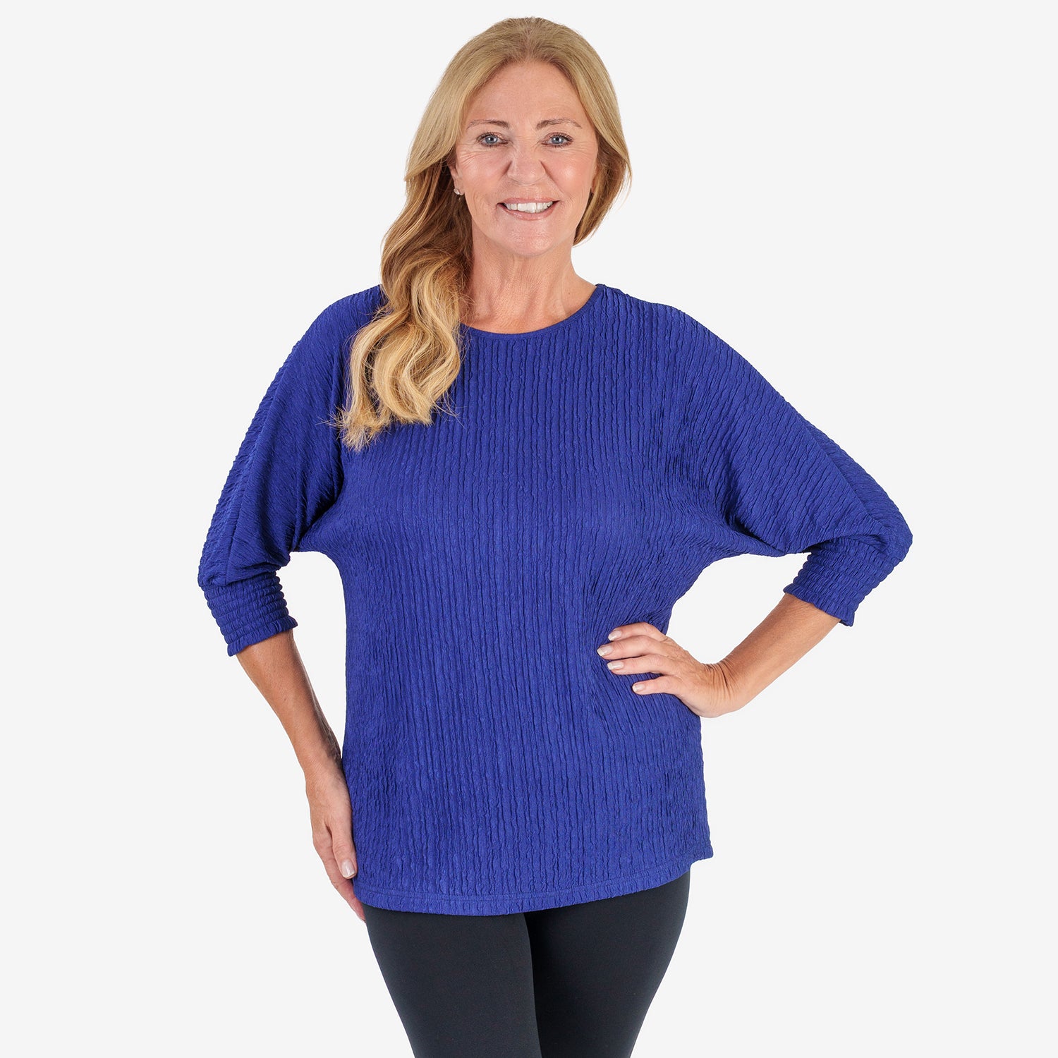 & Maisi Womens Plisse Batwing Sleeve Top (Size L) - Navy_8512413
