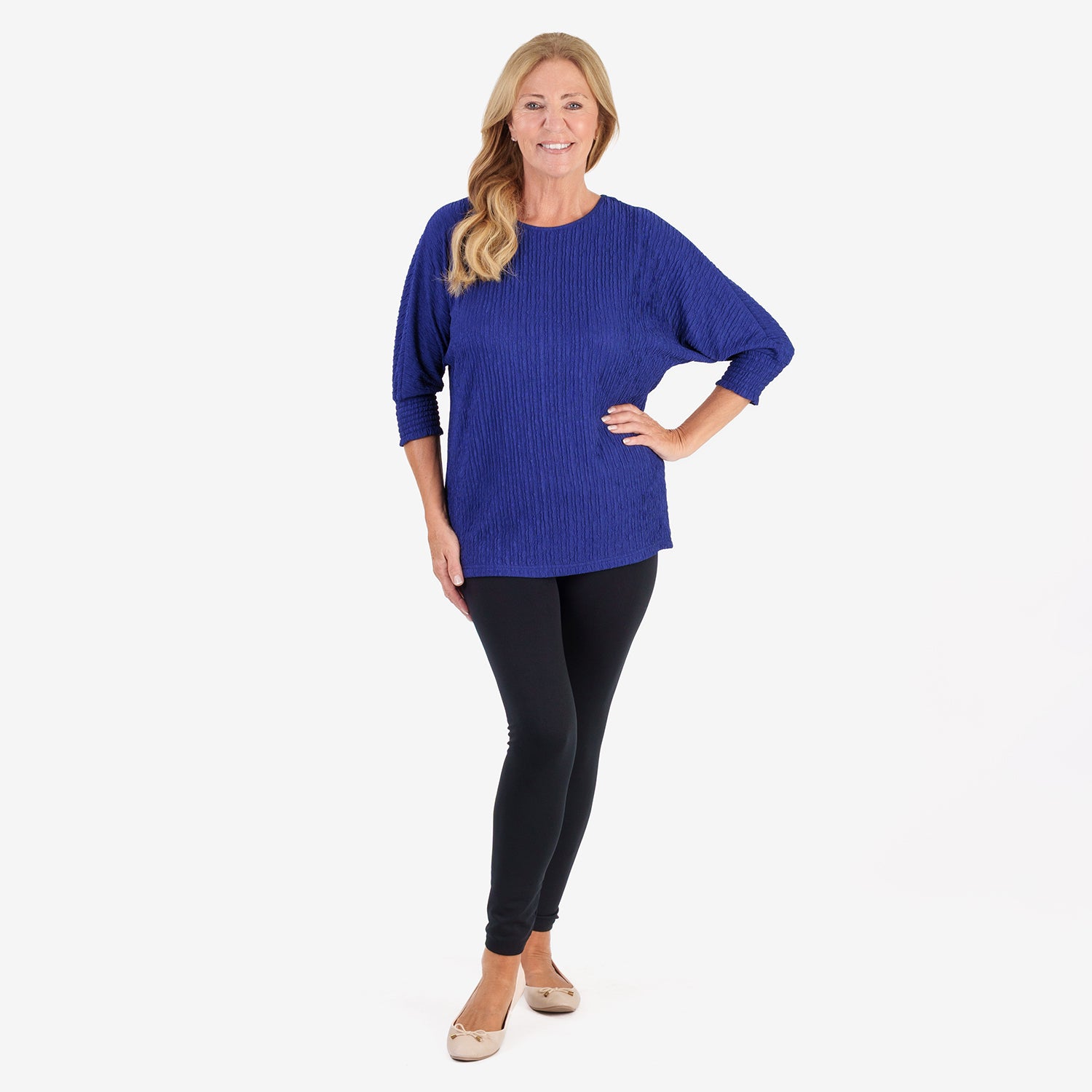 & Maisi Womens Plisse Batwing Sleeve Top (Size L) - Navy_8512413_1