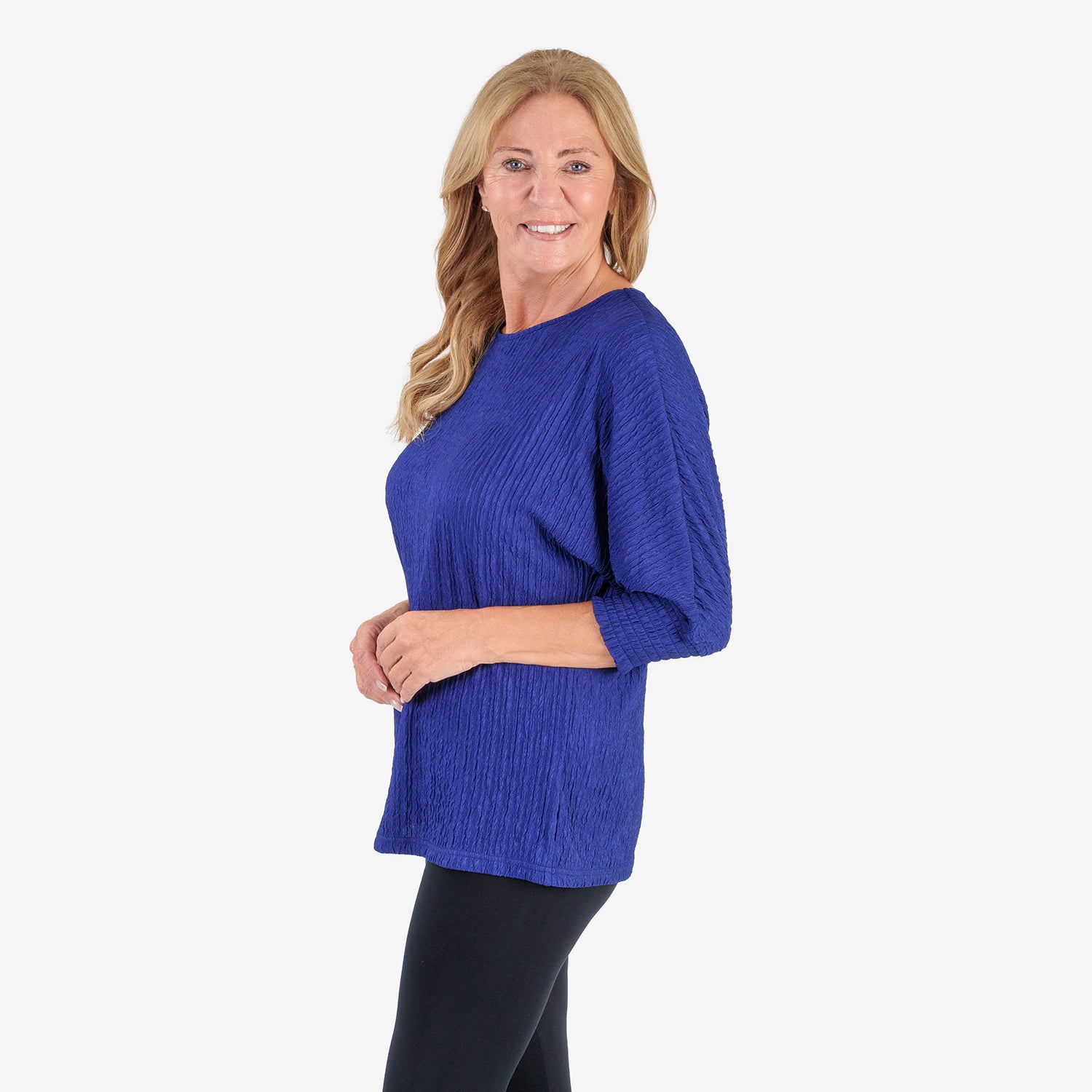 & Maisi Womens Plisse Batwing Sleeve Top (Size L) - Navy_8512413_2