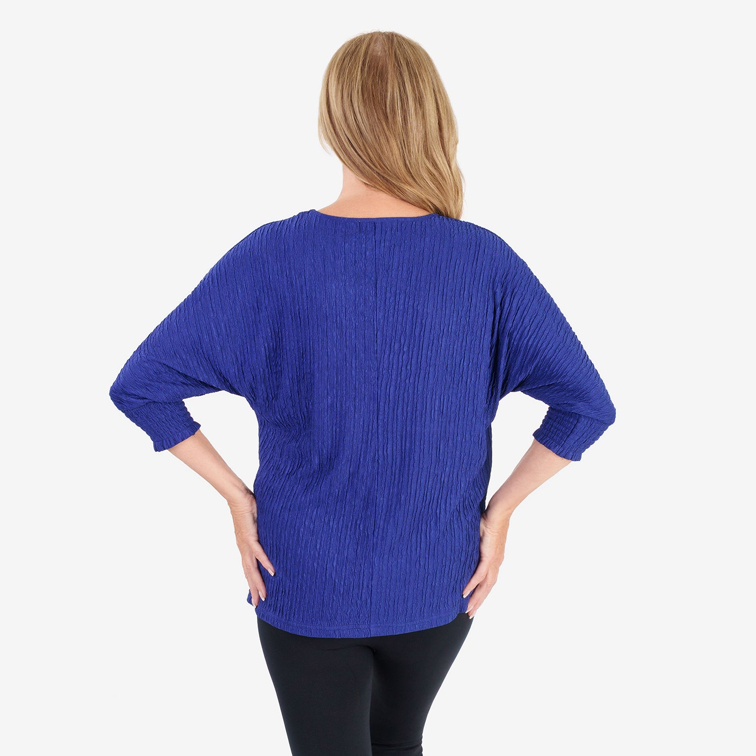 & Maisi Womens Plisse Batwing Sleeve Top (Size L) - Navy_8512413_3