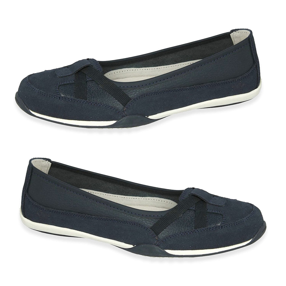 Down To Earth Ladies Action Leather Ballerina Shoes With Criss-Cross Elasticated Vamp Straps (Size - 5) - Navy_8513053