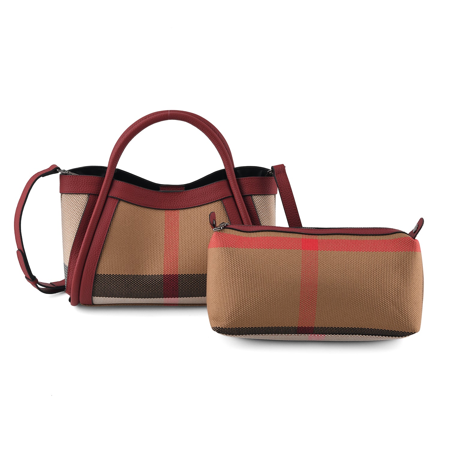 2 Piece Genuine Leather Check Stripe Tote Bag with Matching Zip Pouch - Burgundy & Multi_8516359