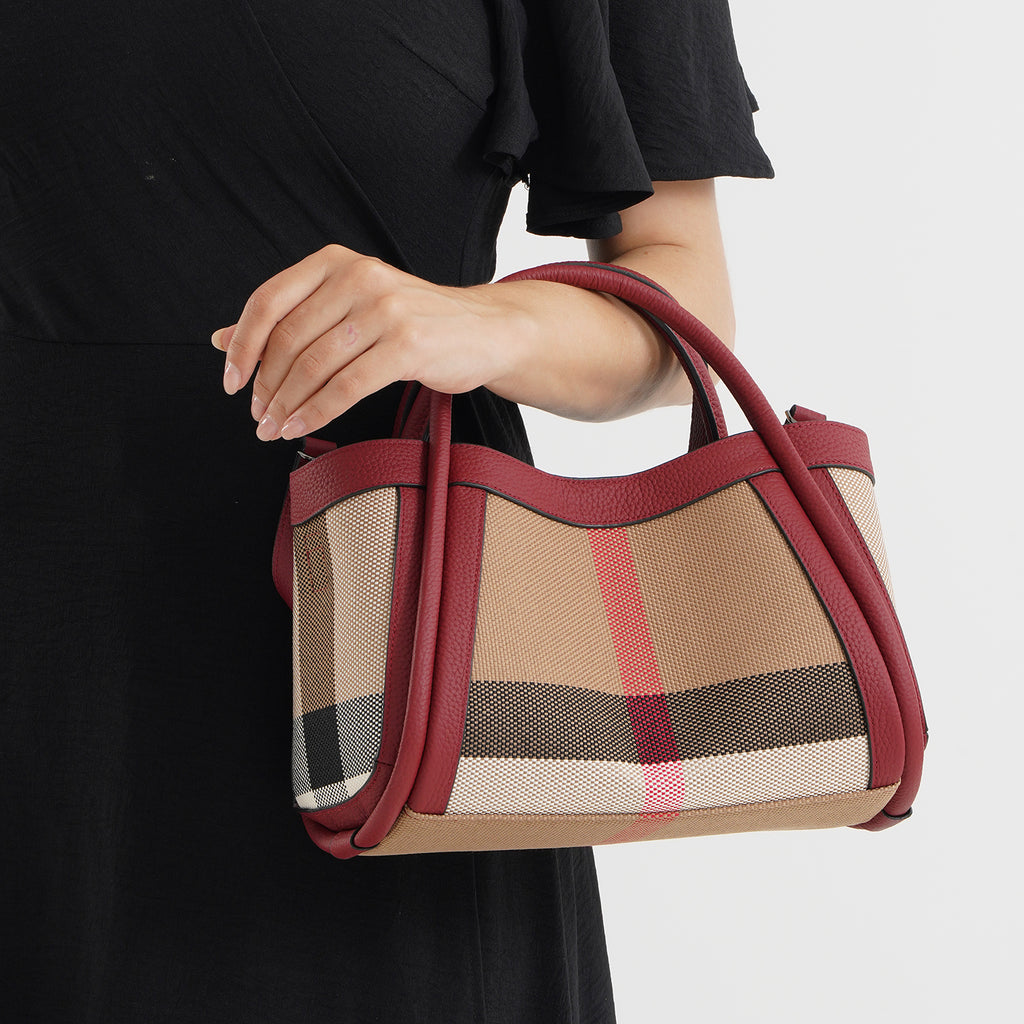 2 Piece Genuine Leather Check Stripe Tote Bag with Matching Zip Pouch - Burgundy & Multi_8516359_3