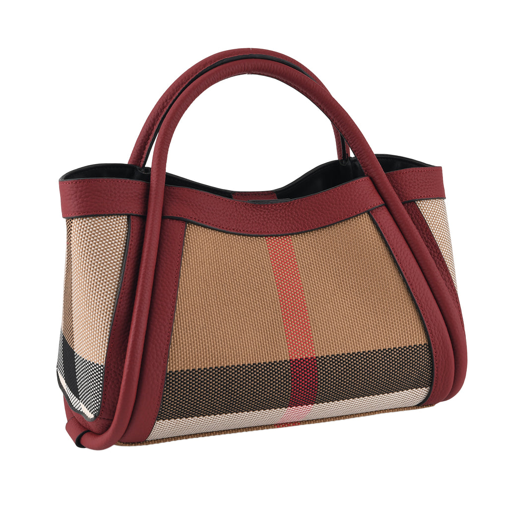 2 Piece Genuine Leather Check Stripe Tote Bag with Matching Zip Pouch - Burgundy & Multi_8516359_5