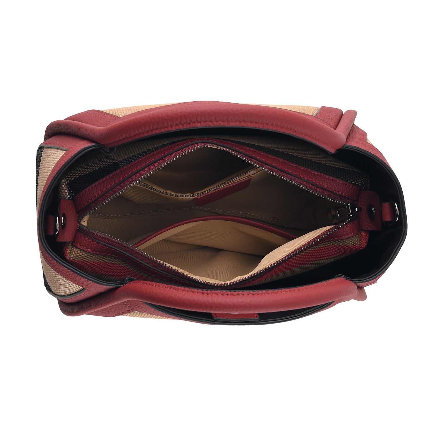 2 Piece Genuine Leather Check Stripe Tote Bag with Matching Zip Pouch - Burgundy & Multi_8516359_6